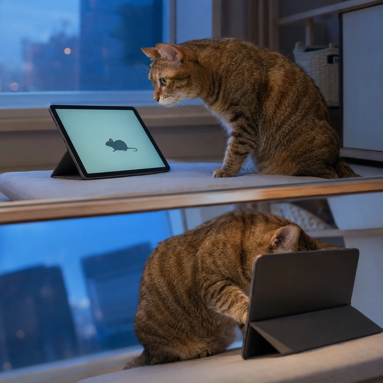 Samgak, a brown tabby cat with green eyes, staring intently at a cartoon mouse on a propped-up tablet by a blue evening window, then leaning around the back of the screen to look behind it.